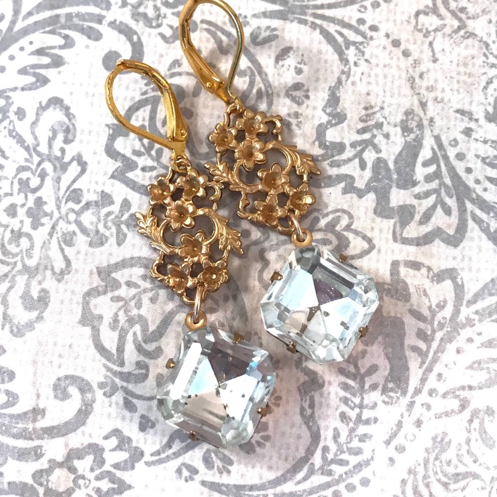 Vintage Diamond crystal brass floral earrings